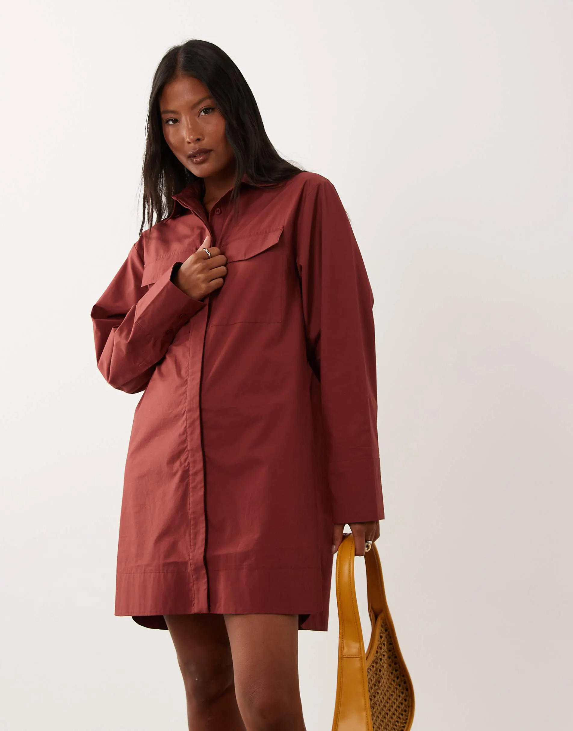 ASOS DESIGN Petite poplin mini shirt dress with wide cuffs and oversized pockets in burgundy