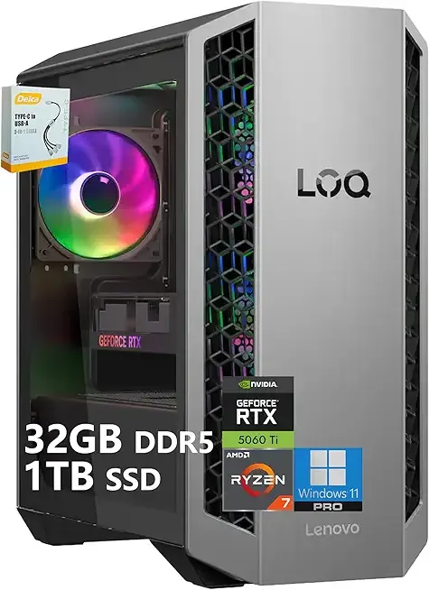 Lenovo LOQ Tower Gaming Desktop | AMD 8-Core Ryzen 7 8745HX | 32GB DDR5 1TB SSD | NVIDIA GeForce RTX 5060 Ti DLSS 4 (Up to 759 AI Tops) | Type-C Wi-Fi 6 Win11 Pro w/DLCA Accessory