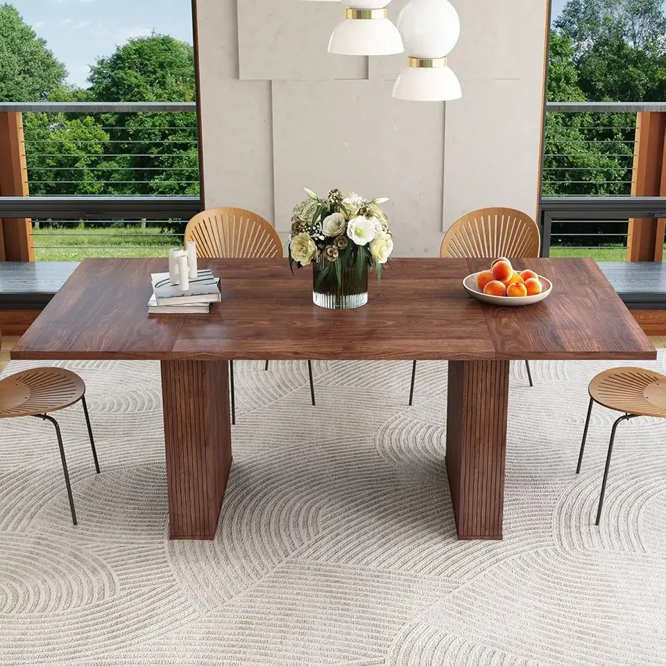 78 Inch Dining Table for 6 8 10, Modern Farmhouse Rectangular Kitchen Table, Long Dining Room Tables with Wood Strip Base for Kitchen Living Room (Walnut)