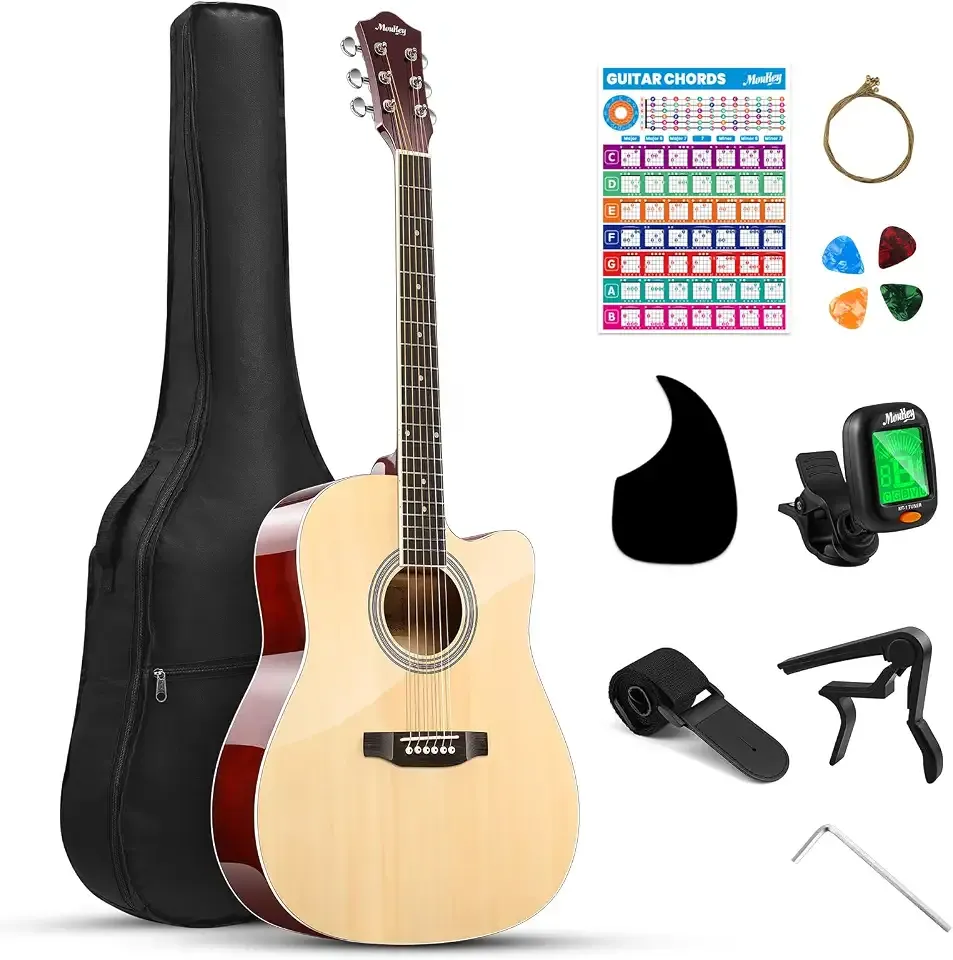 Moukey 41" Acoustic Guitar for Beginners Adults 4/4 Guitarra Acustica with Chord Poster, Gig Bag, Tuner,Steel Strings, Capo, Strap, Natural