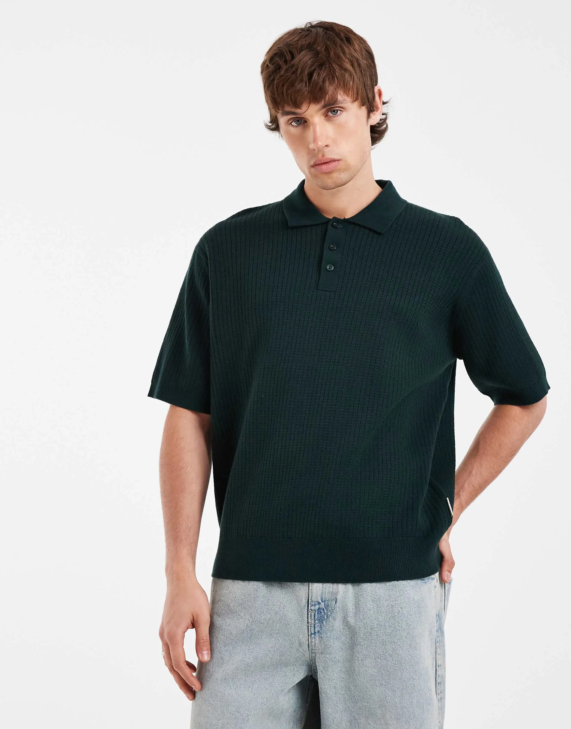 Redefined Rebel felix oversized knitted button up polo shirt in dark green