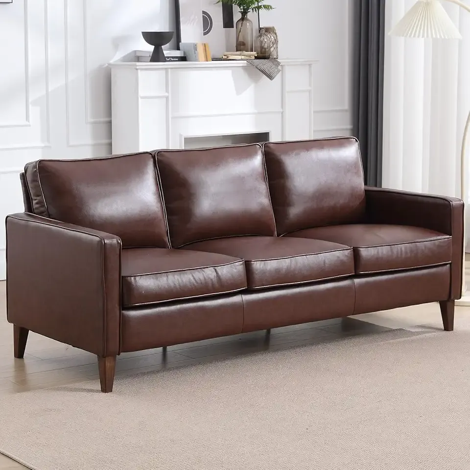 EBELLO 77” Mid Century Modern Sofa Couch, 3 Seater Faux Leather Couches for Living Room, Soft Padded Comfy Cushion, Small Sofa for Small Spaces, Bedroom, Apartment, Dark Brown