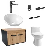 Combo Sanitario Tao Dual, Mueble De Baño Mesty, Lavamanos Vessel, Grifería Monocontrol y Accesorios Negros