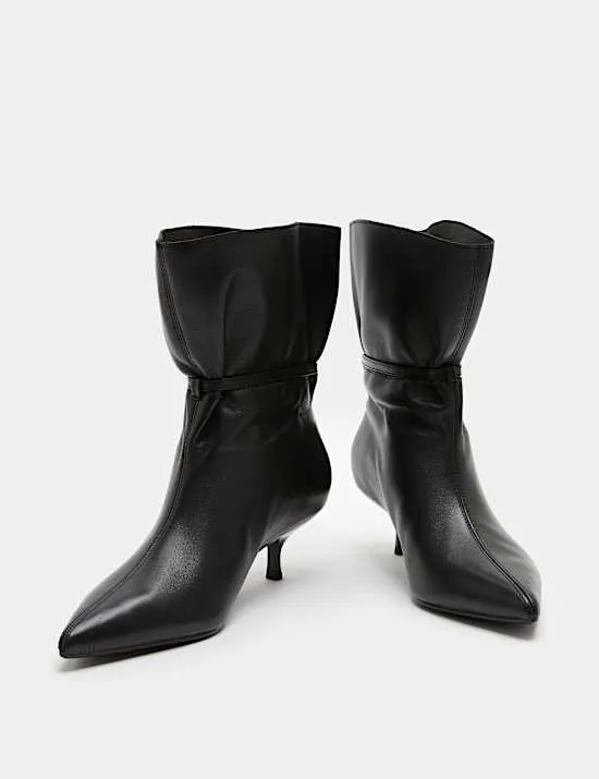 Leather Buckle Ruched Kitten Heel Boots