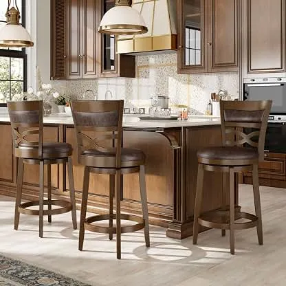 Sophia & William 26 Inch Swivel Bar Stools Set of 3, Counter Height Stools | Rustic Wooden Barstools with Back & Solid Wood Legs, Faux Leather Swivel Bar Chairs for Kitchen Island, Jacobean Sophia & William 26 Inch Swivel Bar Stools Set of 3, C…