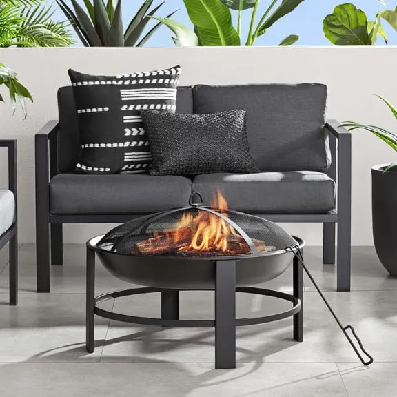 Mainstays 28-Inch Round Steel Wood-Burning Fire Pit with Screen, Poker, Grate and Polyester Cover