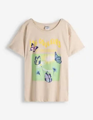 T-shirt - Stampa glitterata - Beige