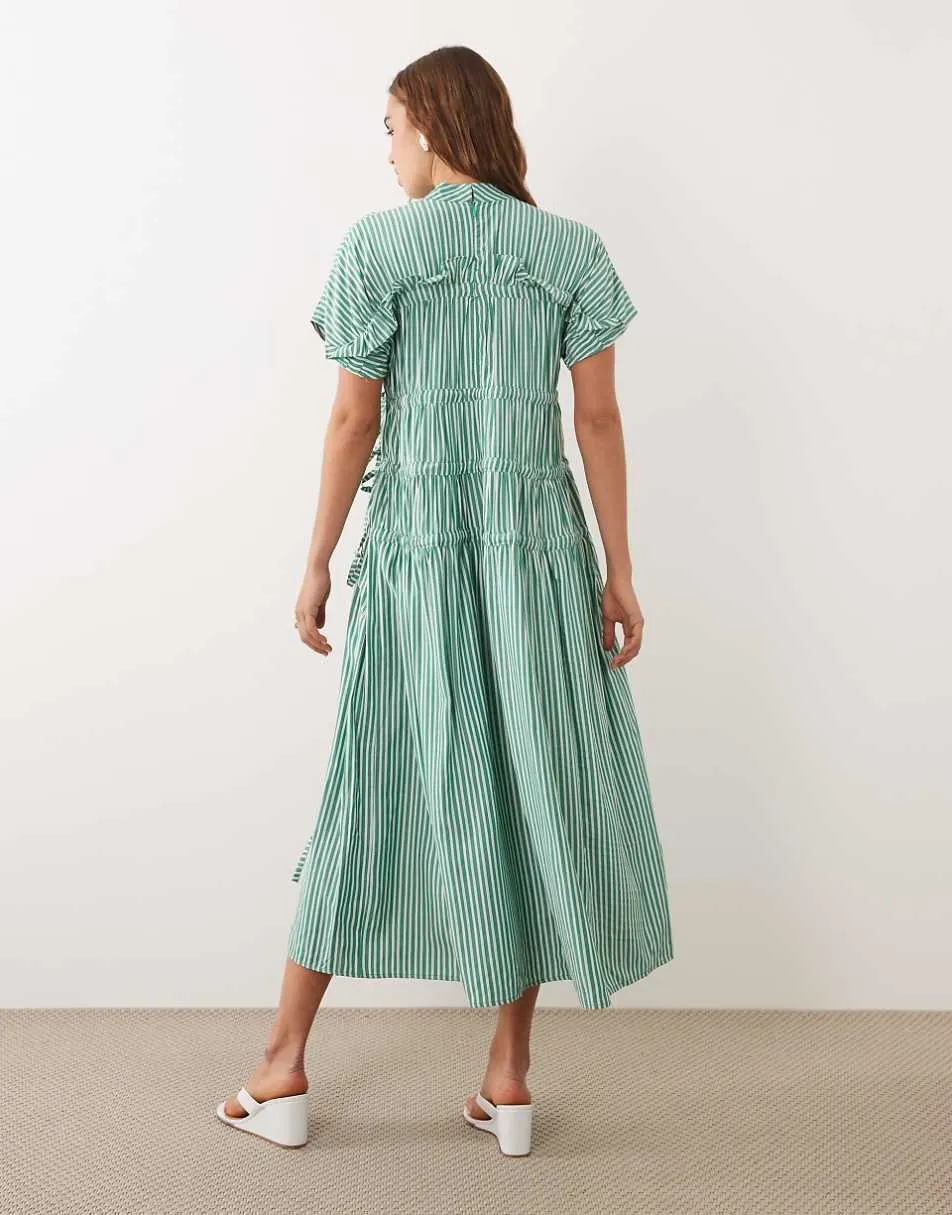 Ghospell drawstring detail puff sleeve midi dress in green stripe