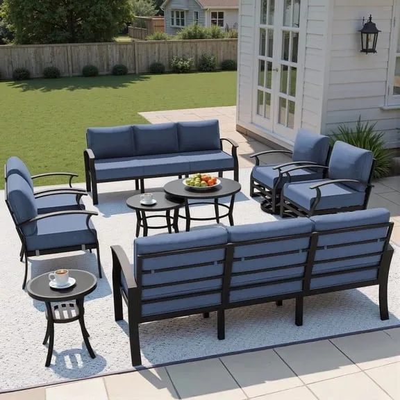 Gotland 10 Piece Aluminum Patio Furniture Set,Modern Metal Outdoor Patio Furniture w/5.1'' Thick Cushion,Swivel Chairs and Round Coffee Table,Patio Conversation Sets for Porch,Deck,NavyBlue