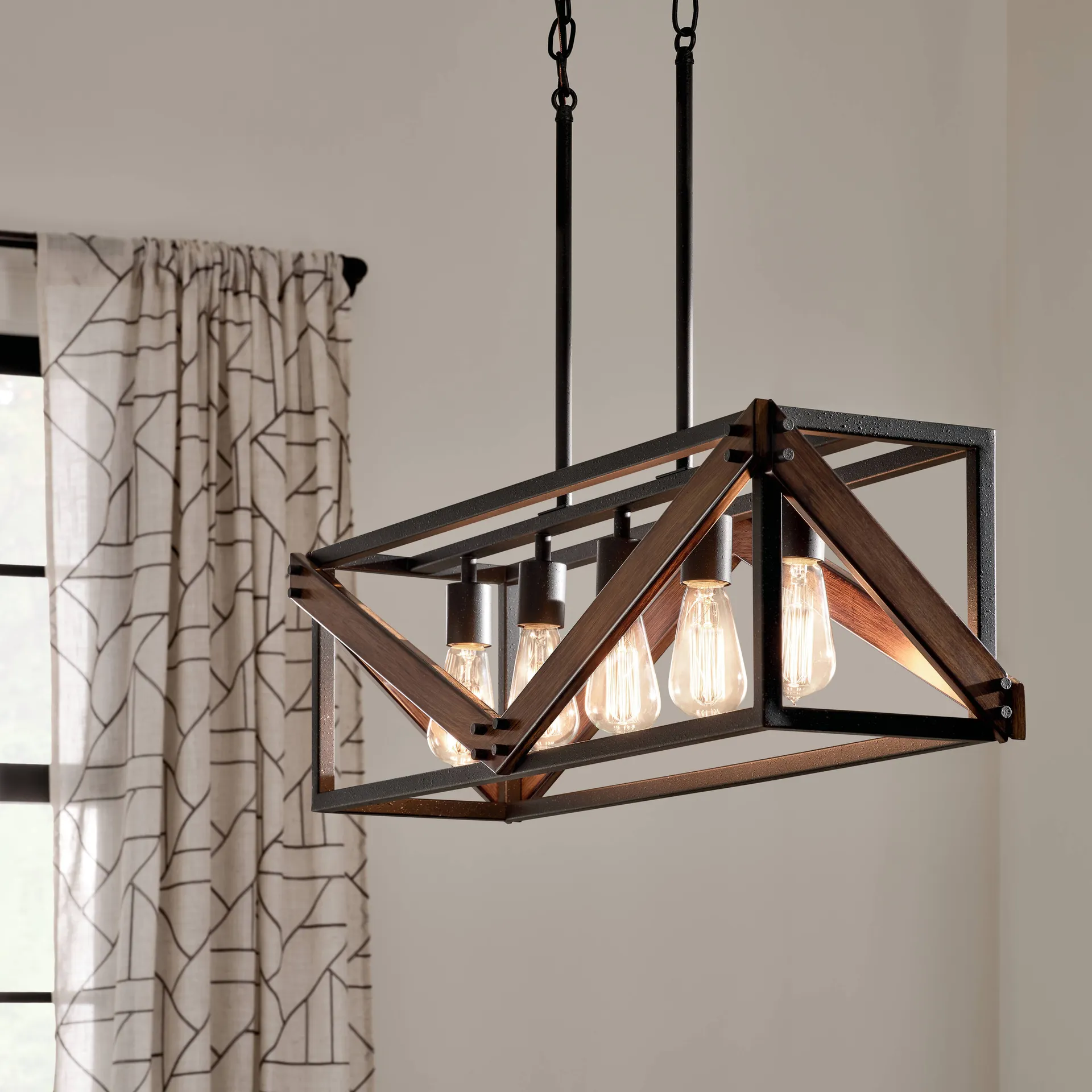 Barrington 5 -Light Distressed Black and Wood Tone Farmhouse Cage Linear Large Hanging Kitchen Island Light