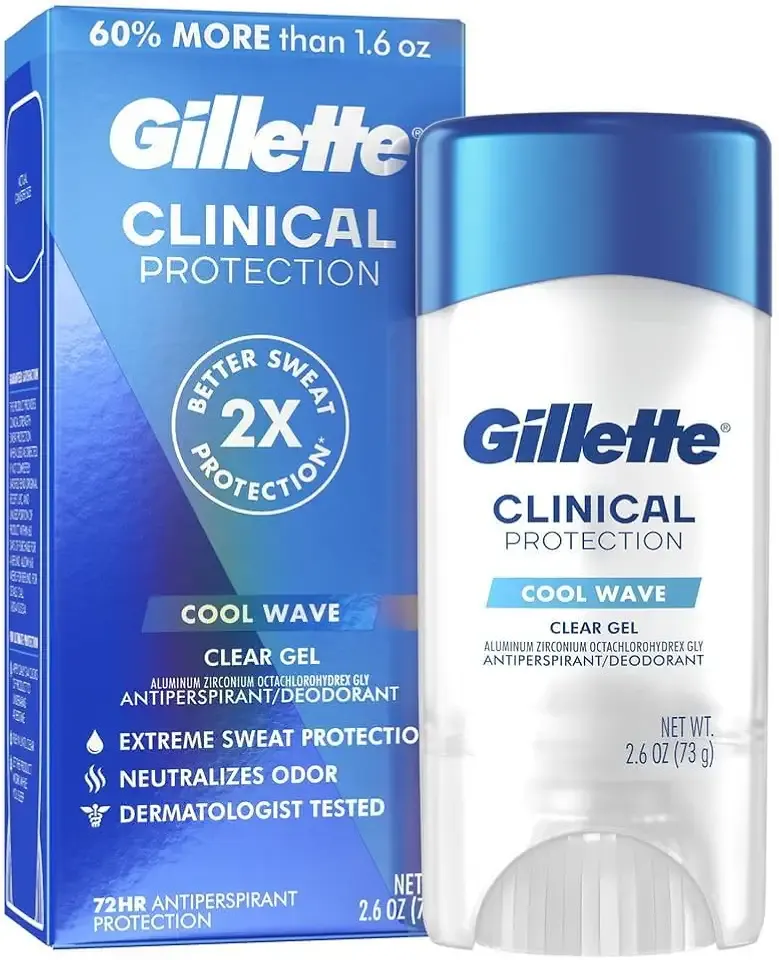 Gillette Clinical Antiperspirant and Deodorant for Men, 72hr Sweat & Odor Protection, Long Lasting Freshness, Anti-White Mark Technology, Clear Gel, Cool Wave Scent, 2.6 oz