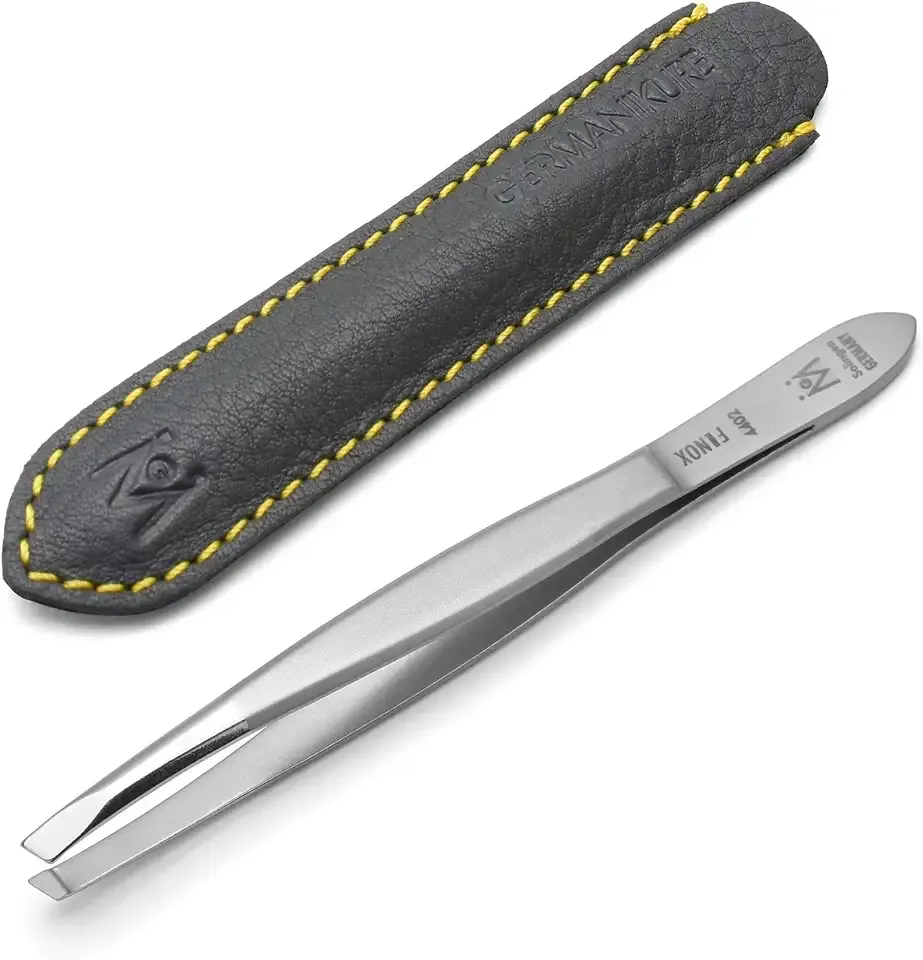 GERMANIKURE Slanted Tweezers, Precision German Steel, Leather Case | German Tweezer Made in Solingen For Eyebrows & Facial Hair, Trusted by Professionals, Great for Men & Women