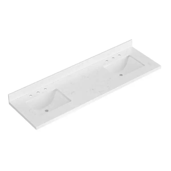 ARIEL 72 in.​ W x 22 in.​ D Carrara White Quartz Bathroom Vanity Top w/​1.​5 in.​ Thick Miter Edge Rectangular Double Sink in White