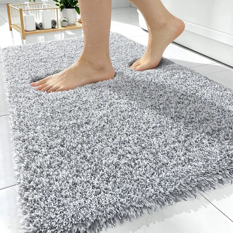 OLANLY Microfiber Bathroom Rugs 30x20, Quick Dry Bath Mat, Grey and White