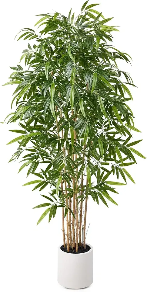 Fake Bamboo Plants - 6.5FT Tall Artificial Bamboo Tree with White Planter and Real Wood Poles - Lifelike Silk Faux Potted Plants for Indoor Home Office Decor