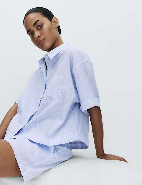 Pure Cotton Woven Stripe Collared Pyjama Top Set
