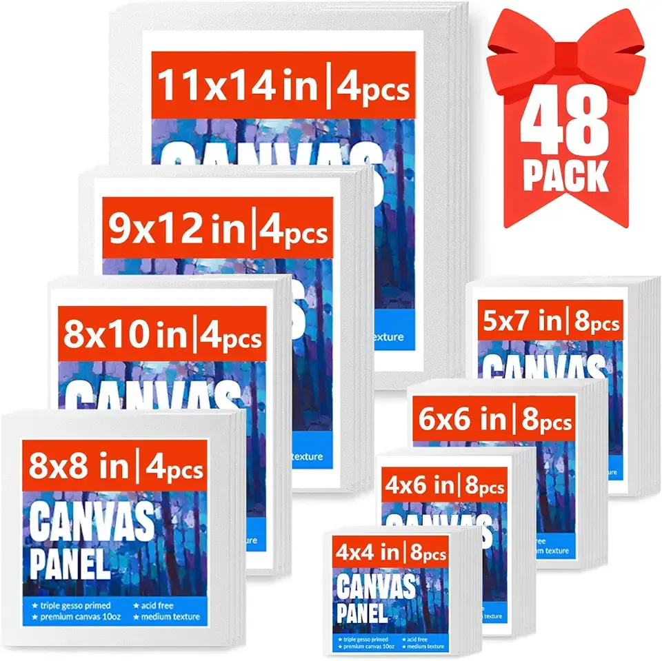 Canvas Boards for Painting, 48pcs Multi-Size Paint Canvas 4x4 4x6 6x6 5x7 8x8 8x10 9x12 11x14 Art Supplies for Adult, Kid&Artist, Primed Blank Cotton Canvases for Acrylic, Oil, Watercolor