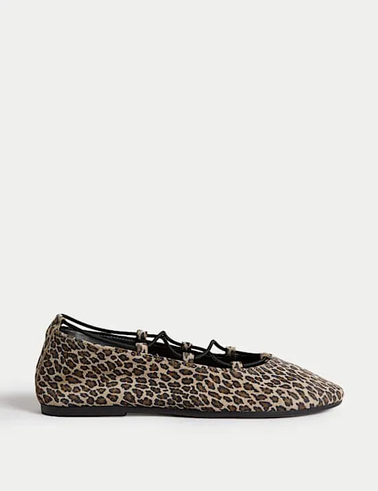 Leather Leopard Print Strappy Flat Pumps