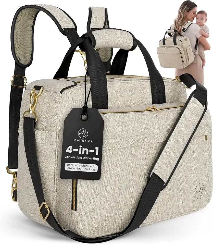 Mellories 4 in 1 Convertible Diaper Bag Tote for Baby Boys and Girls - Converts into Diaper Backpack, Baby Tote, Stroller and Crossbody Diaper Bag - Beige Baby Travel Bag - Gift for Mom