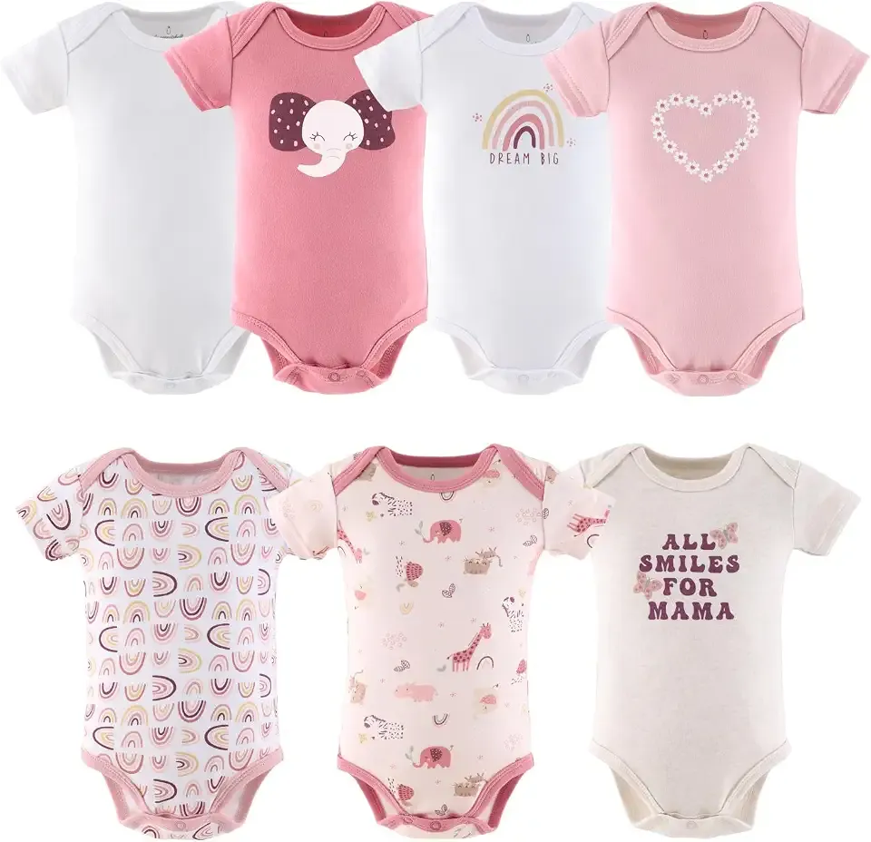 Baby Girl Short Sleeve Bodysuits - 100% Cotton Infant Outfits, 0-24 Months - Rainbow Safari