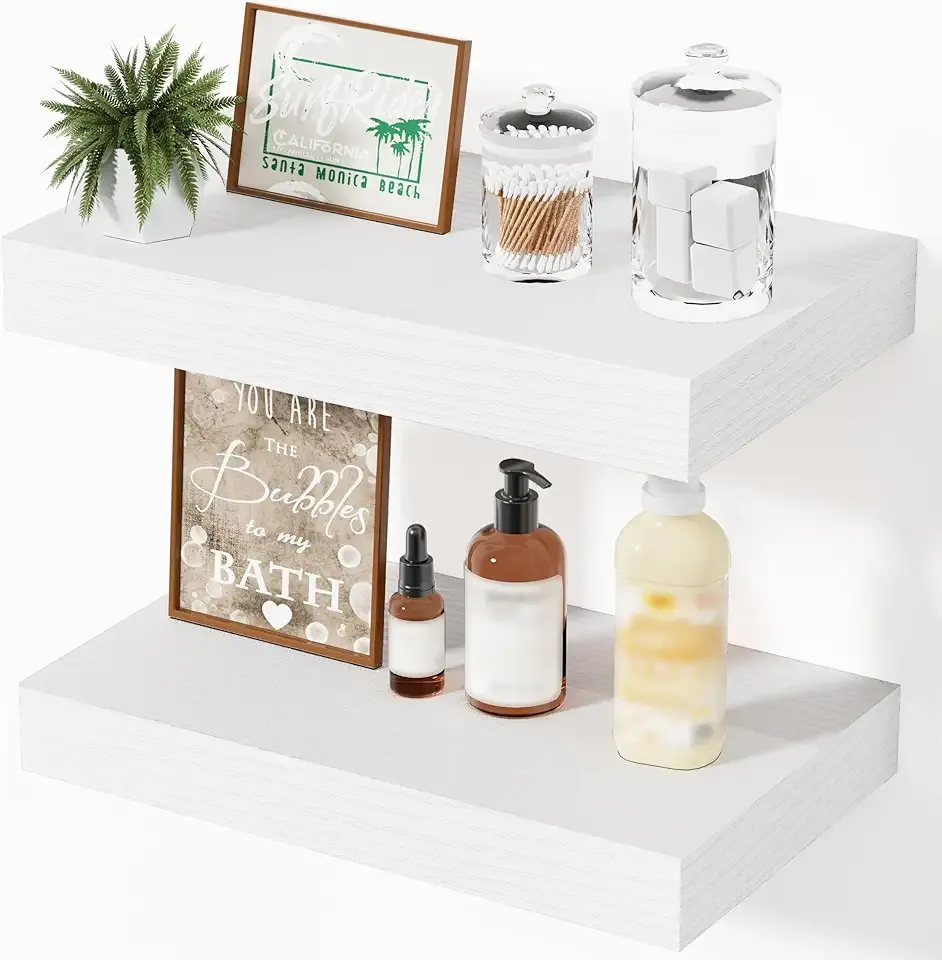 Flaoting Shelves for Wall White Shelves Bathroom, Bedroom and Living Room, Wall Shelves & Book Shelf for Room, Hanging Shelf, Modern Wooden Mounted Floating Shelf, 12x7x1.5 in, Set of 2