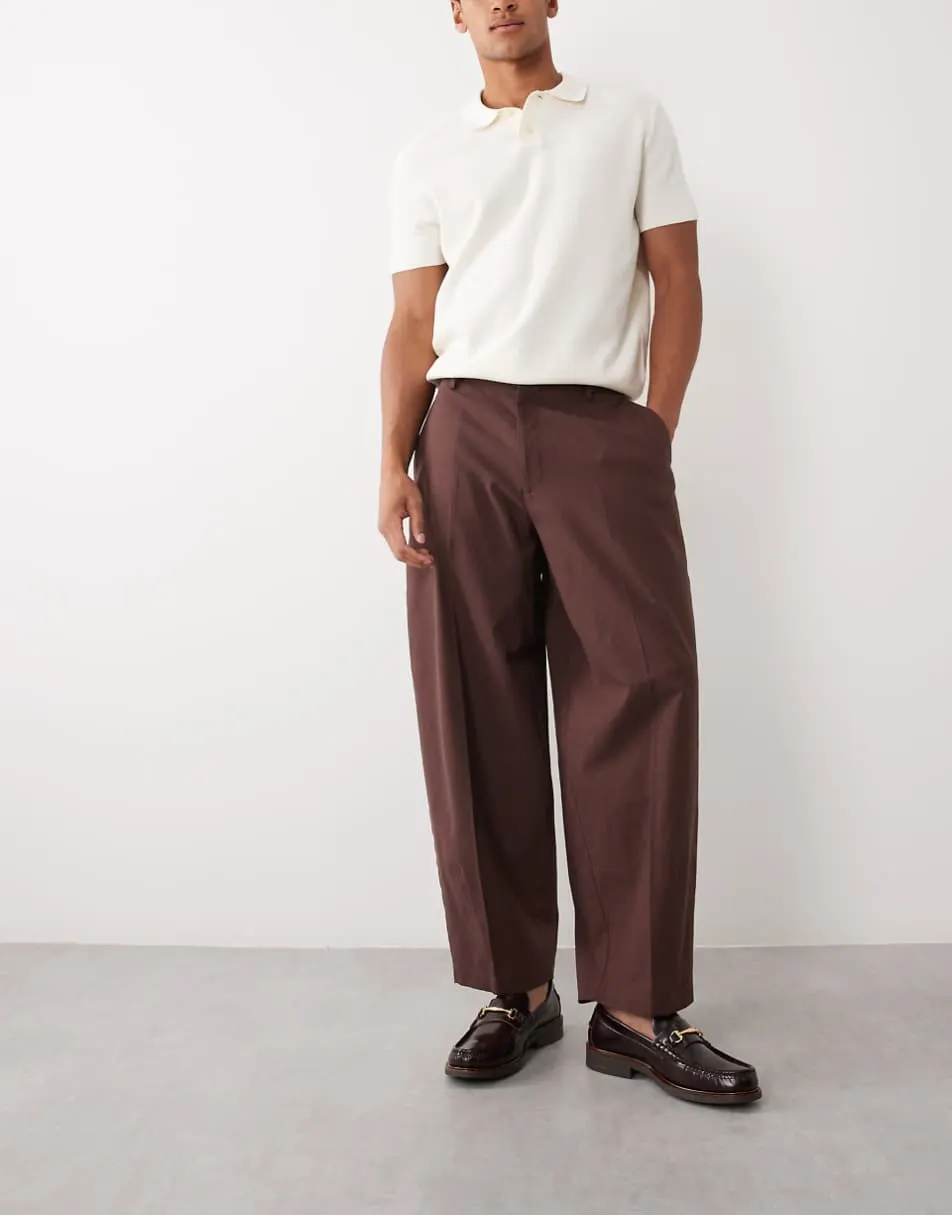 ASOS DESIGN smart belted barrel leg trousers in brown linen look