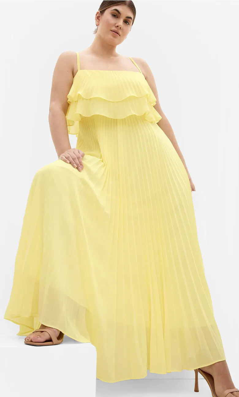 Aida Ruffle Pleat Maxi Dress - lemon zest
