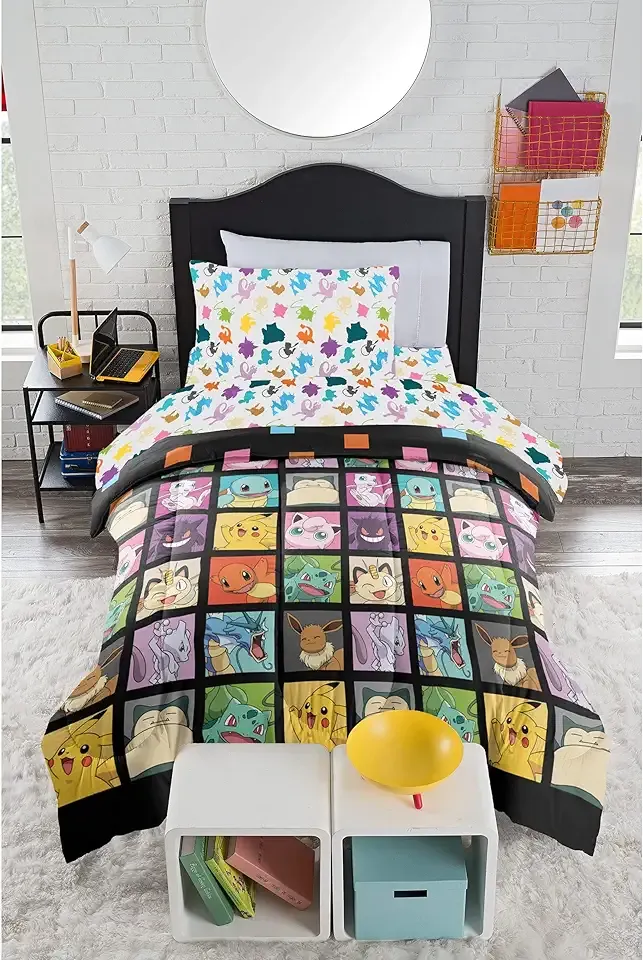 Pokemon Twin Sized Bed in a Bag Set, Pikachu Eevee Charmander Squirtle, Anime Bedding, Kanto Favorites