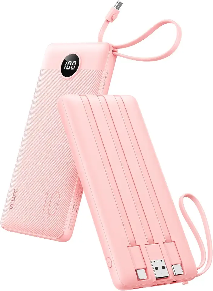 VRURC Portable Charger, Slim Power Bank Built-in 4 Cables, Travel Essential | Flight-Safe, 10000mAh USB C Battery Pack, LED Display Phone Charger 5 Outputs for iPhone 17/16/15, Samsung,Android-(1 Pack)