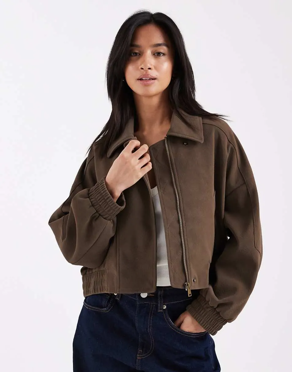 ASOS DESIGN Petite leather look biker bomber jacket in mocha