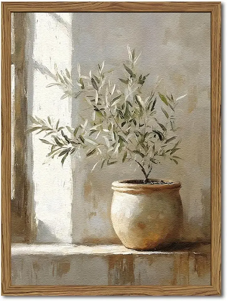 Framed Vintage Olive Tree Wall Art, 3D Textured Sandstone Botanical Pictures Wall Decor, Rustic Neutral Potted Plant Paintings Prints Aesthetic Farmhouse Home Decor for Living Room Bedroom 12x16 inch