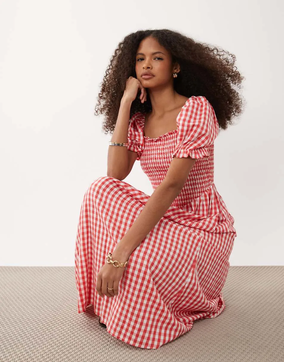 New Look gingham shirred midi dress in pink pattern