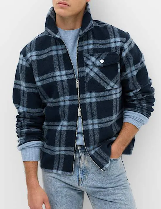 Fleece-Hemdjacke aus Wollmischgewebe mit Karomuster