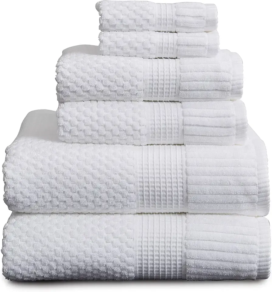 NY Loft 100% Cotton 6 Piece Bath Towel Set | White Towels | Oeko-TEX® Standard 100 | Soft & Absorbent, Quick-Dry | 2 Bath Towels 2 Hand Towels and 2 Washcloths | Trinity Collection - White