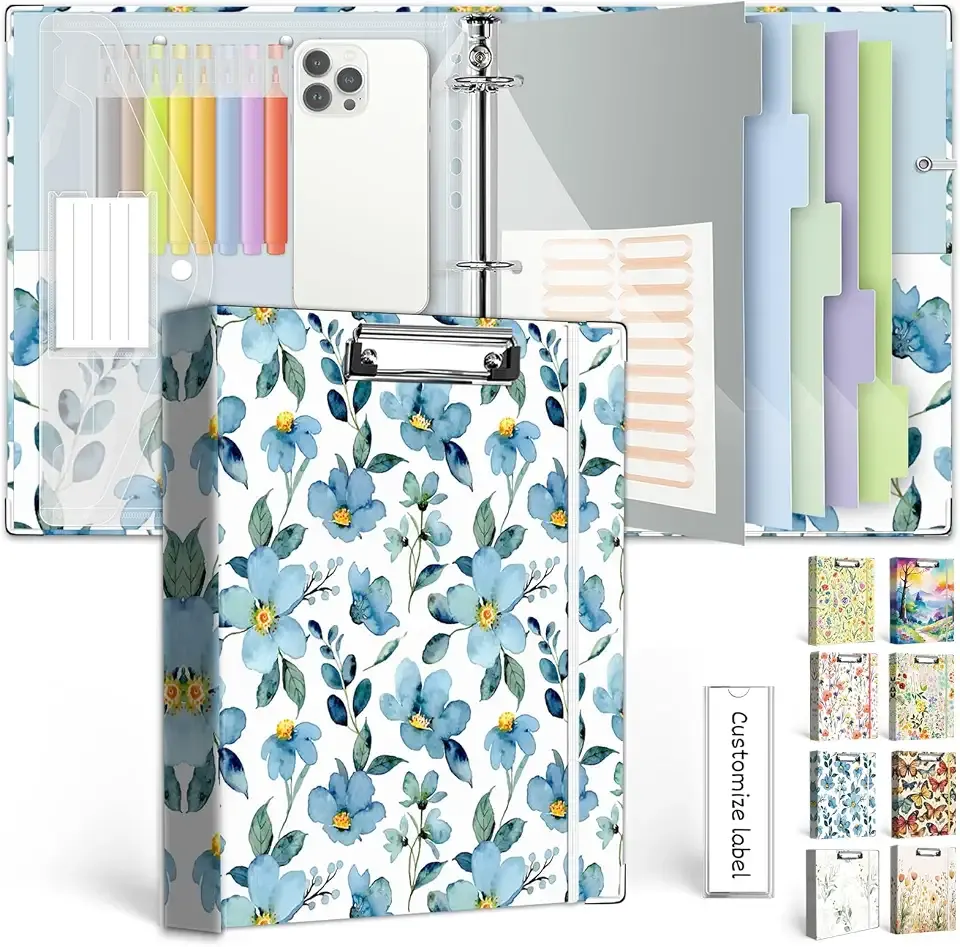 3 Ring 1 Inch Binder Organizer, KLLVE Three Ring Binders with Clipboard, 5-Tabs Pockets Dividers, Plastic Folder, 18 Divider Stikers,Pen Loop (Blue Flora, Letter Size)