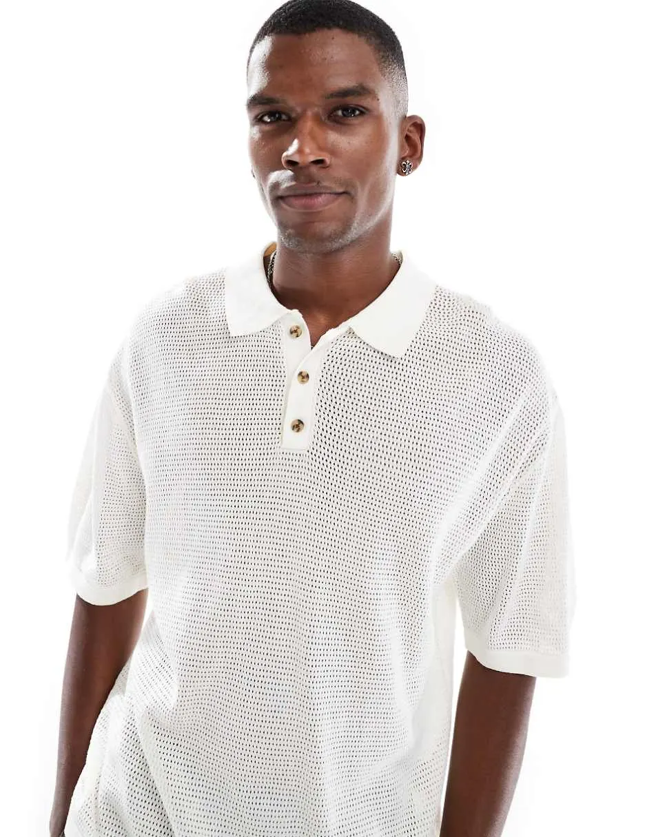 Cotton On thin knit polo top in off white