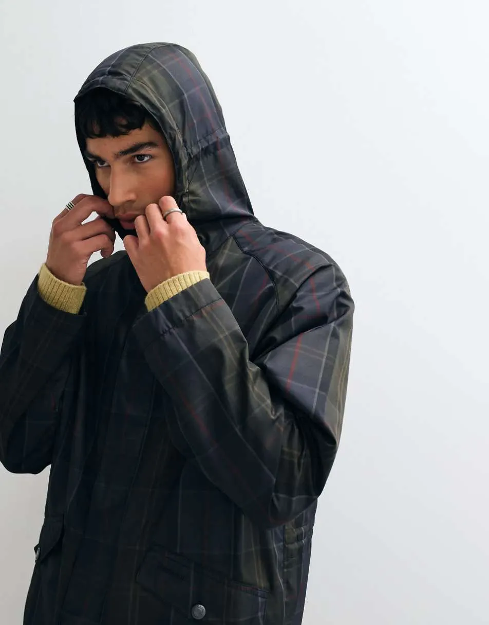 Barbour showerproof tartan check hooded jacket in navy/green