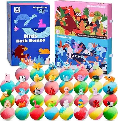 30 Pack Kids Bath Bombs with Land & Sea Animal Toys, Dua…
