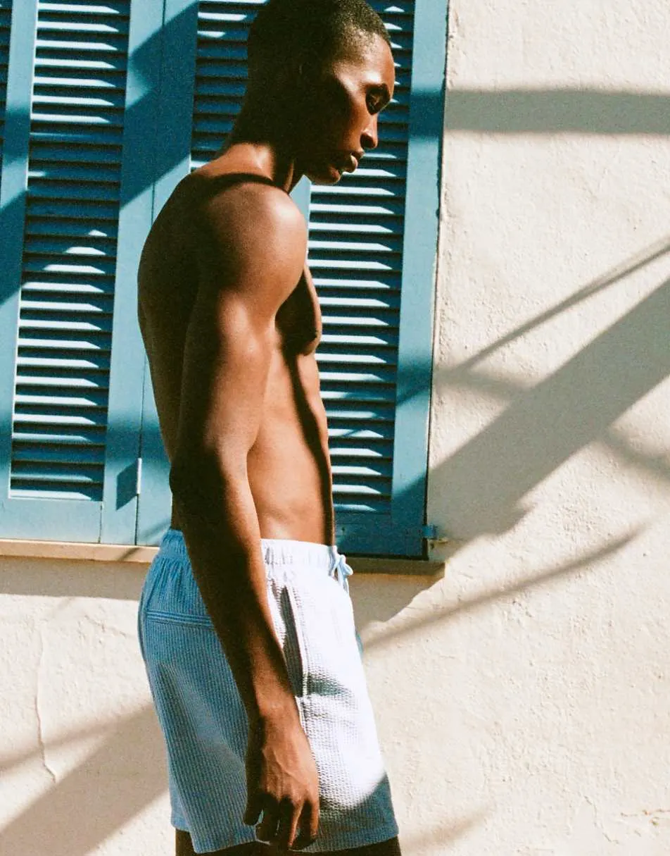 Pull&Bear Seersucker swimming trunks in blue