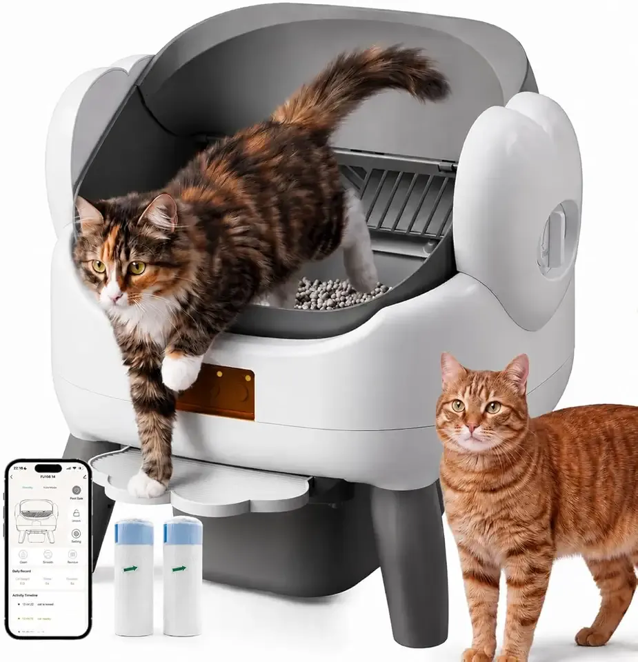Automatic Litter Box Self Cleaning, Automatic Cat Litter Box for Multiple Cats with App Control, Open Top Self Cleaning Litter Box - Safety Protection, Easy Setup, Odor Control, Gray