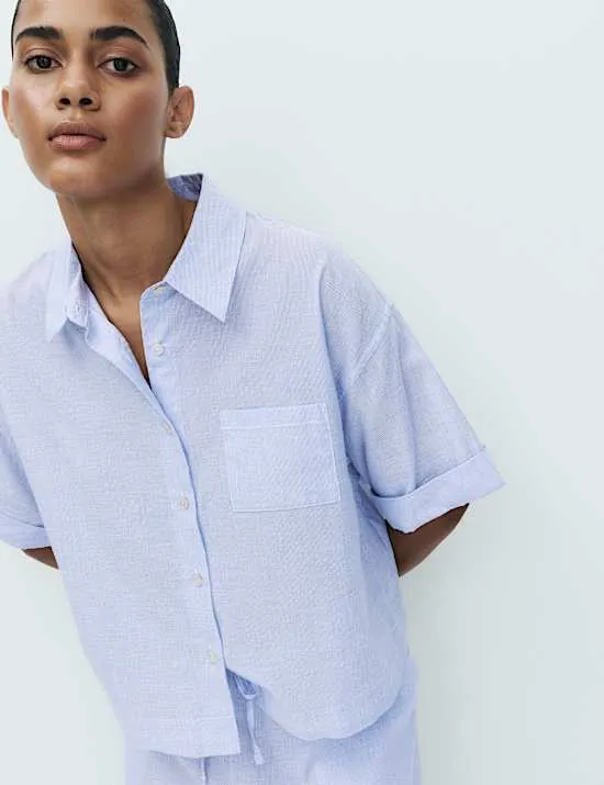 Pure Cotton Woven Stripe Collared Pyjama Top