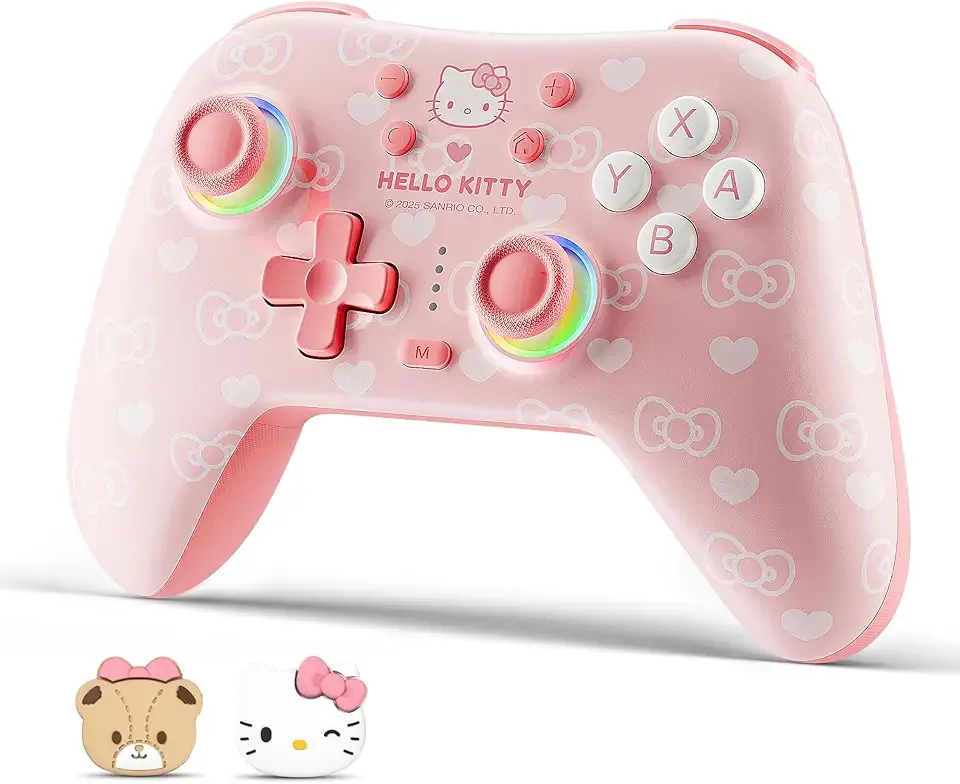 Kuitmor Pink Switch Controller,Hello Kitty Hall Effect Controllers Wireless for Switch 2/1/OLED/Lite,PC,Android,iOS | Bluetooth + Wired,1000mAh Battery,6-Axis Gyro,Dual Vibration,RGB Breathing Light