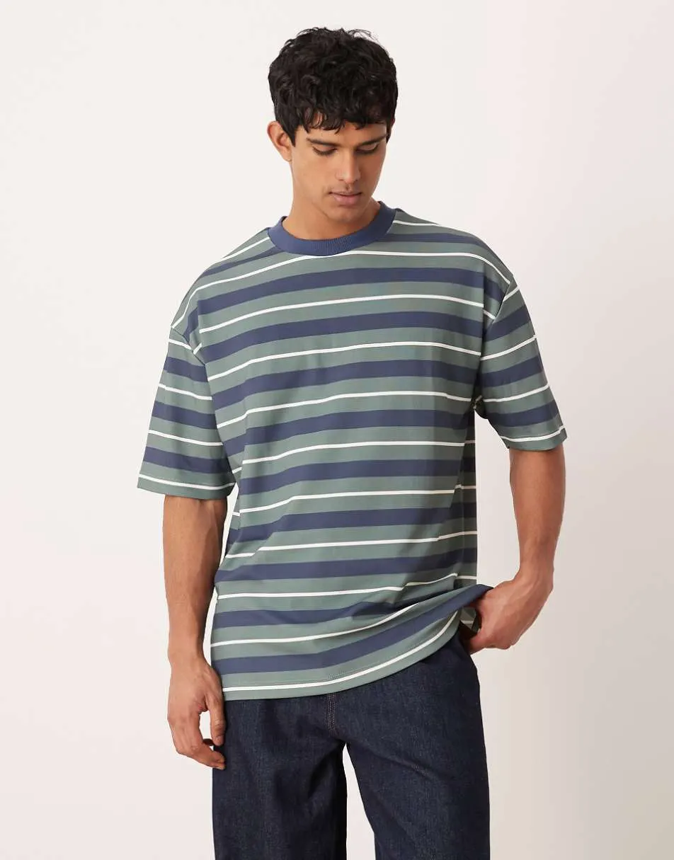 ASOS DESIGN heavyweight oversized t-shirt in blue and brown stripe