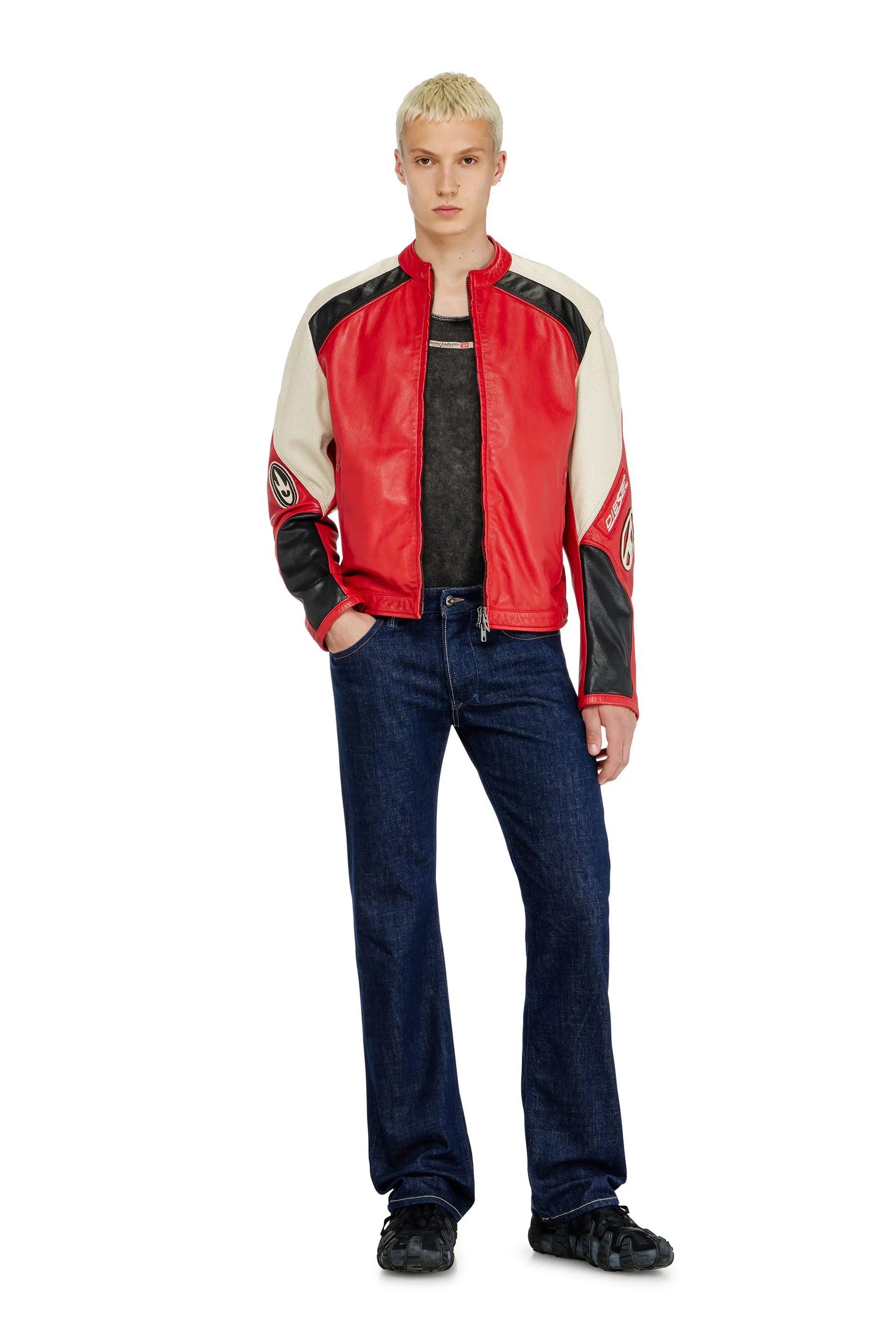 Biker jacket in colour-block perforated leather