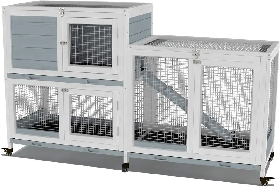 GDLF Two Floors 58" Wooden Indoor Bunny Hutch Rabbit Cage on Wheels Guinea Pig PET House for Small to Medium Animals Waterproof No Leak Tray