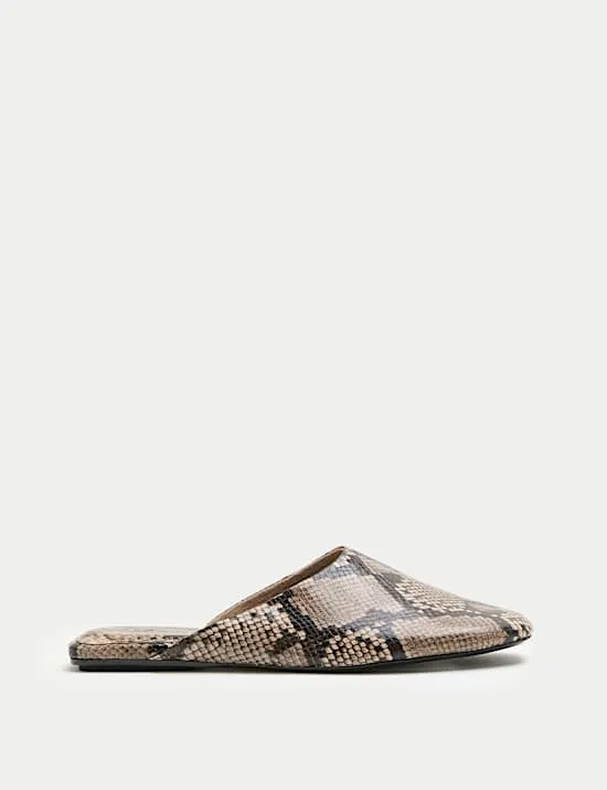Snake Print Slip On Flat Mules