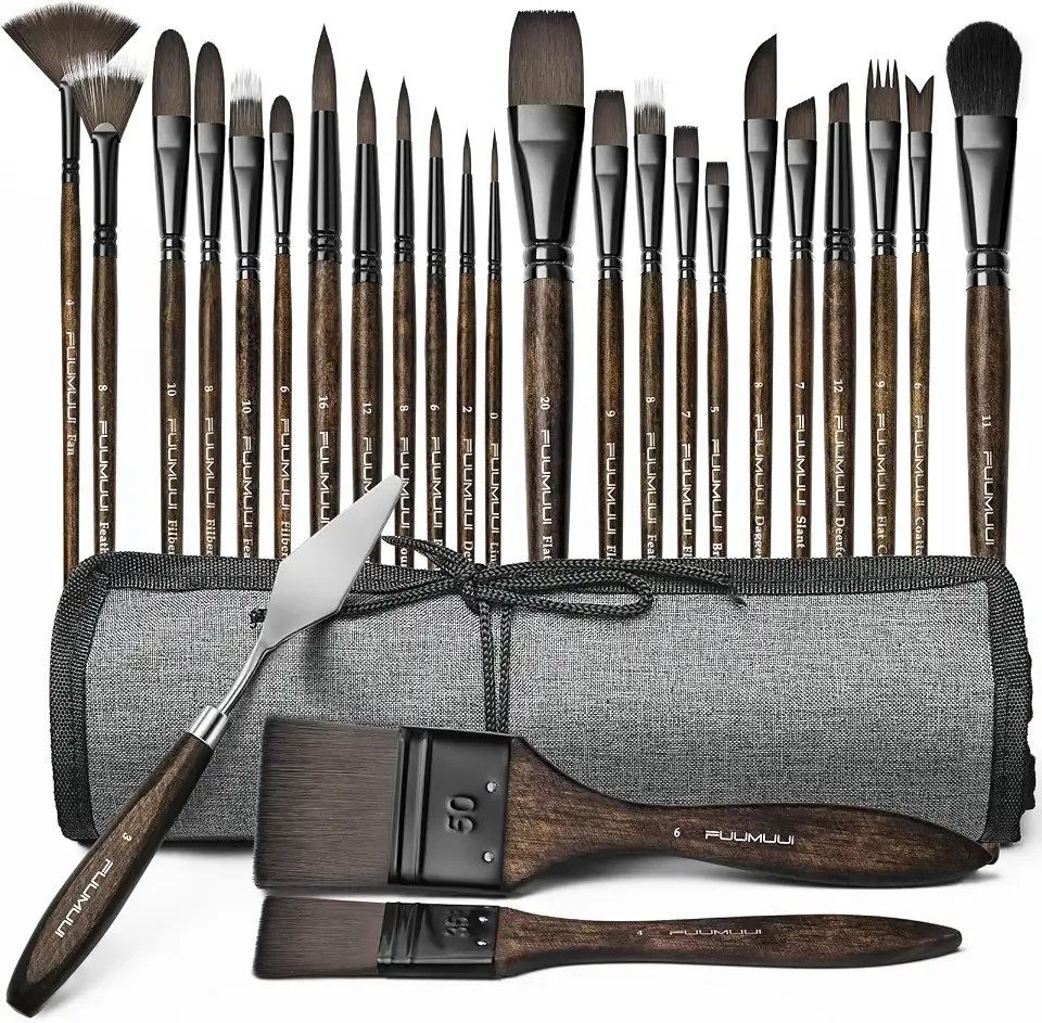 Fuumuui 26pcs Professional Paint Brush Set - High-Grade Series Synthetic Nylon Paint Brushes for Landscape, Acrylic, Oil, Watercolor, Gouache - Multi-Functional Universal Free Style for Art Supplies