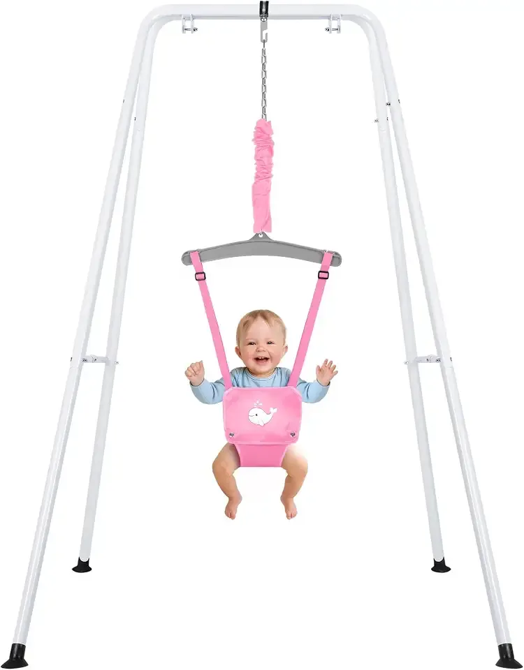 BATAYA Baby Jumper with Stand Foldable Jumper for Infants Height Adjustable Toddler Bouncer Indoor and Outdoor Exercise Saddle Seat for 6-24 Months (Pink)