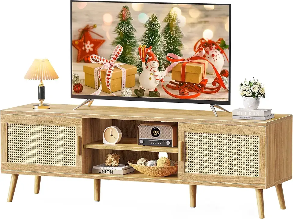 SUPERJARE Boho TV Stand for 65 Inch TV, Entertainment Center with Adjustable Shelf, Rattan TV Console with 2 Cabinets, Media Console, Solid Wood Feet, 4 Cord Holes, for Living Room - Natural