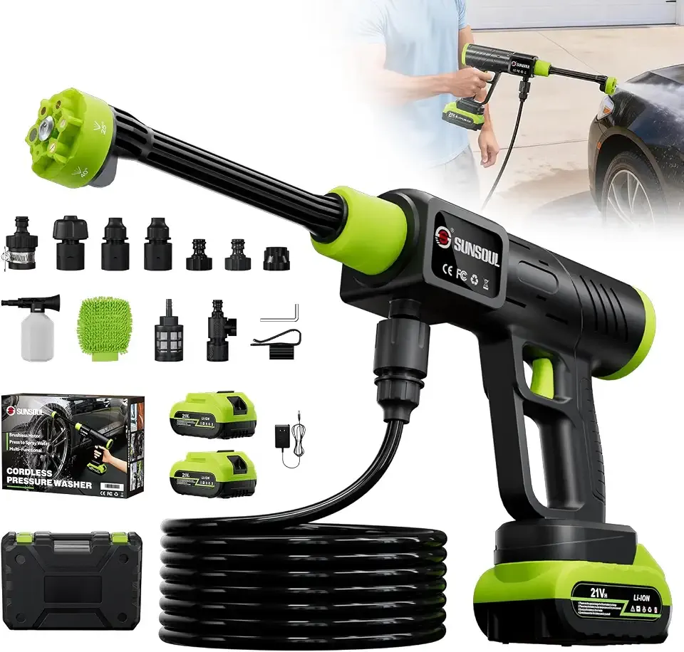 SUNSOUL Cordless Portable Car Washer with 2 Batteries, 30-Level Adjustable Handheld Washer with 6-in-1 Nozzle & Foam Cannon, Brushless Motor Lightweight Washer with 23 ft Hose for Home, Garden, Patio